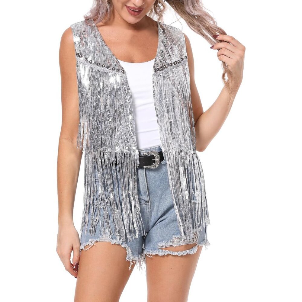 Sequined Fringe Vest Jacket Womens Sparkly Shiny Party Disco Top Small
